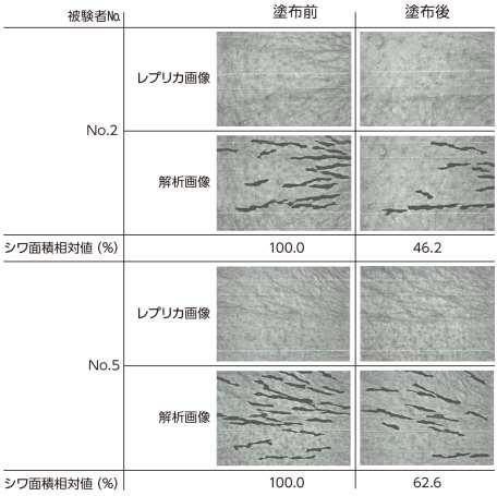 塗布前後のシワ面積相対値