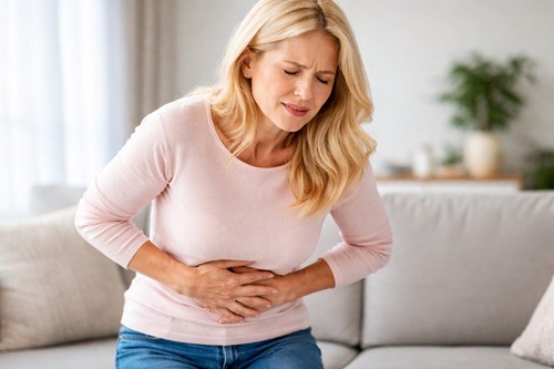 お腹をおさえて苦しそうな人