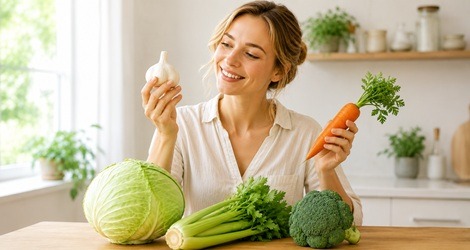 野菜を手に持つ